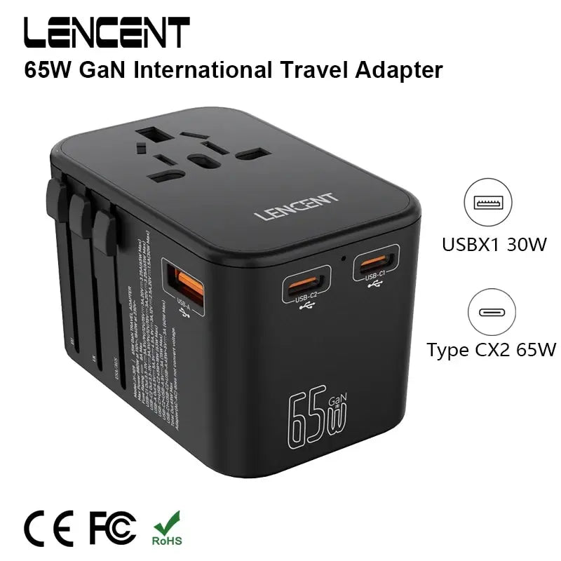 LENCENT 65W GaN Universal Travel Adapter with 1USB Dual Type C PD3.0 All-in-one Travel Charger EU/UK/USA/AUS Plug for Travel - Holiday Accent Ltd
