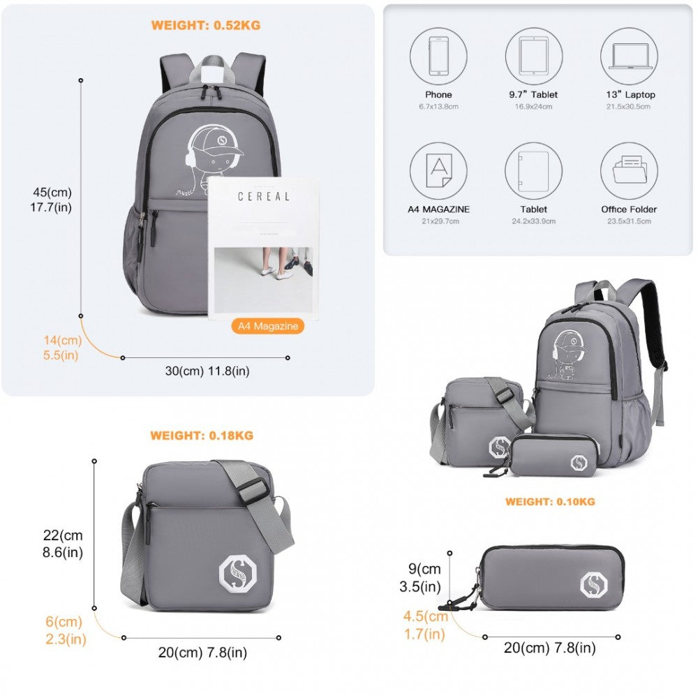 Kono Glow-in-the-Dark Childrens 3-Piece Laptop Backpack Set with Crossbody Bag and Pencil Case - Grey - Holiday Accent Ltd