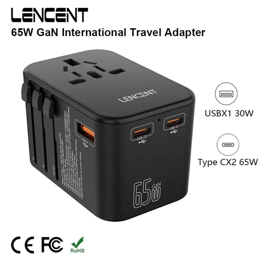 LENCENT 65W GaN Universal Travel Adapter with 1USB Dual Type C PD3.0 All-in-one Travel Charger EU/UK/USA/AUS Plug for Travel - Holiday Accent Ltd