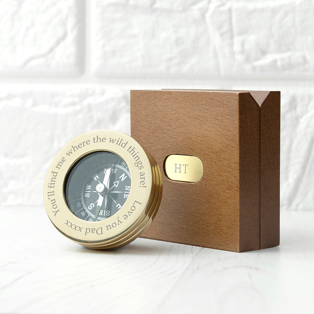 Personalised Brass Travellers Compass in Wooden Gift Box - Holiday Accent Ltd