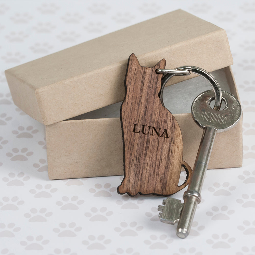 Personalised Wood Cat-Shaped Keyring - Holiday Accent Ltd