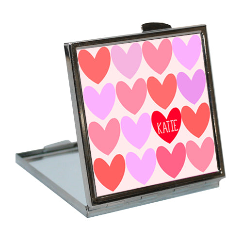Compact Mirror with Hearts Design - Personalise with a Name - Holiday Accent Ltd