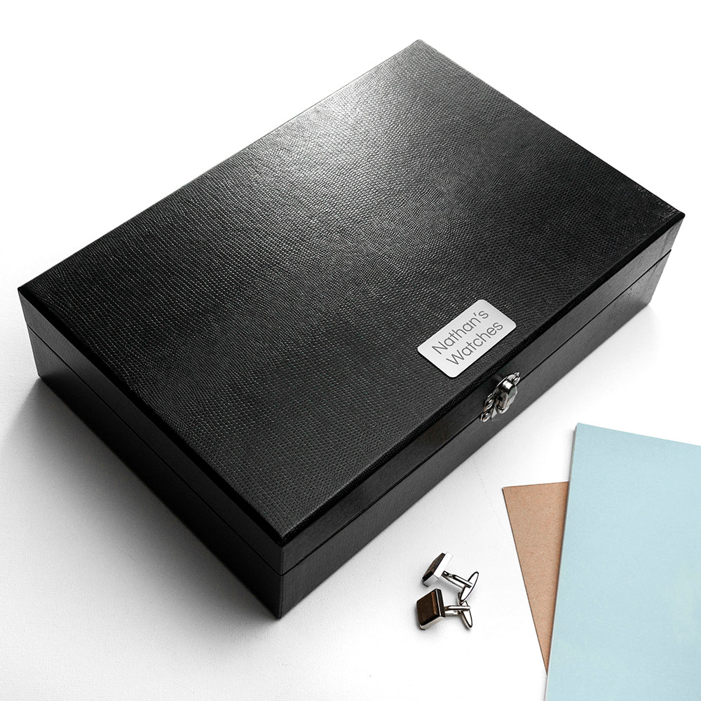 Personalised Faux Leather Black Watch and Cufflink Box - Holiday Accent Ltd